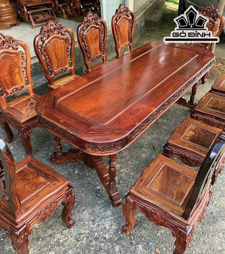 Bộ Bàn Ghế Gỗ Cẩm Bàn 217x87 Ghế 42x43  Cao 47 Tựa Cao 116 (cm)