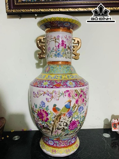 Lục Bình Tứ Quý Vẽ Gấm Ngũ Sắc Men Lục Thủy Cao 60 Đường Kính Bụng 94 (cm)