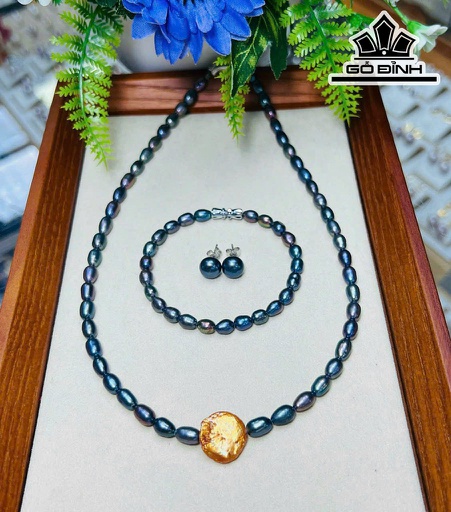 Set 2 Món Dây Chuyền Ngọc Trai Giọt Nước Xanh Đen 2 Li