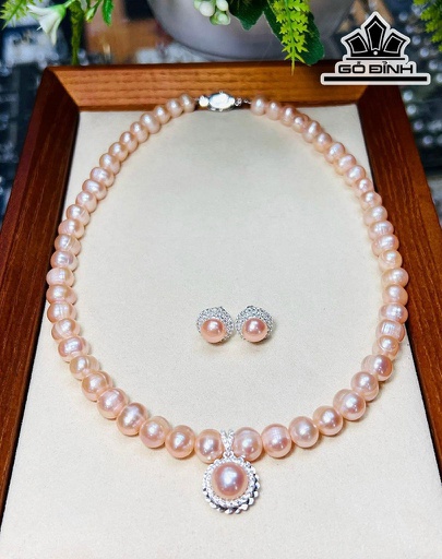 Set 2 Món Vòng Cổ Ngọc Trai Hồng Cam Bán Cầu