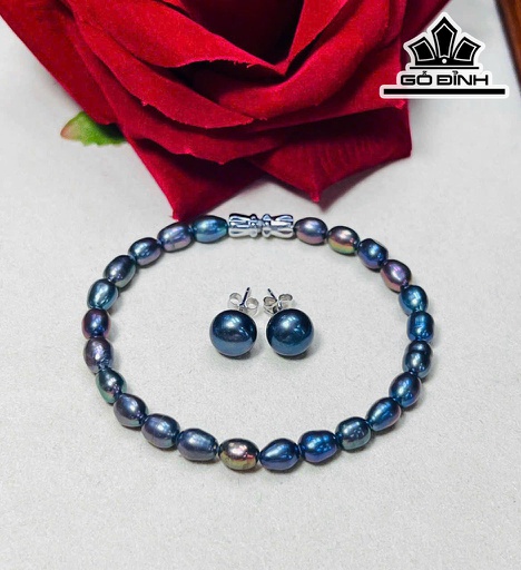 Set 2 Món Vòng Tay Ngọc Trai Xanh Đen Size 5 Li