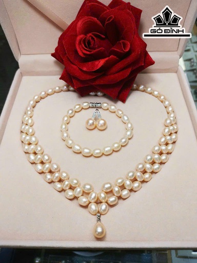 Set 3 Món Dây Chuyền Ngọc Trai Giọt Nước Hồng Cam Size 7 - 8 Li