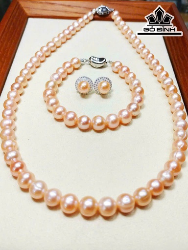 Set 3 Món Dây Chuyền Ngọc Trai Oval Hồng Cam 3 Li