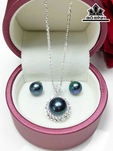 Set 3 Món Mặt Dây Chuyền Ngọc Trai Bán Cầu Xanh Đen Size 7-9 li