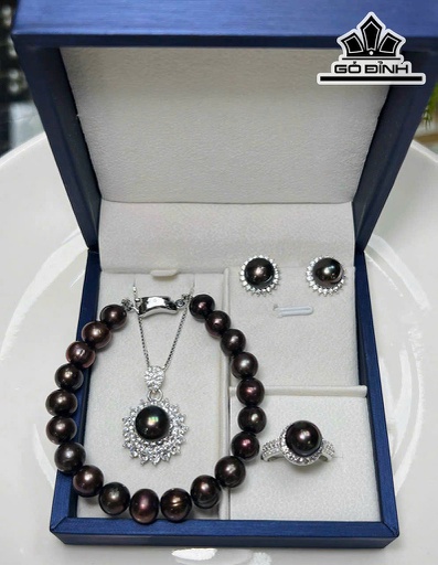 Set 4 Món Dây Chuyền Ngọc Trai Bán Cầu Xanh Đen Size 8 - 9 Li