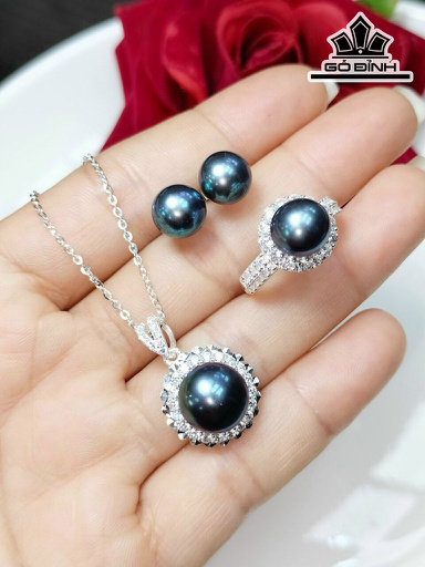 Set 4 Món Ngọc Trai Bán Cầu Xanh Đen Size 8-9 li