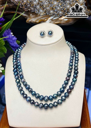 Set Ngọc Trai Xanh Đen Ovan Size 7-8 li