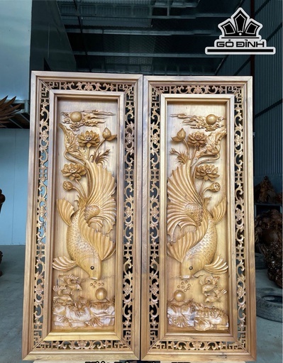 Tranh Lý Ngư Vọng Nguyệt Gỗ Bách Xanh Cao 128 Ngang 50 Sâu 7 (cm)