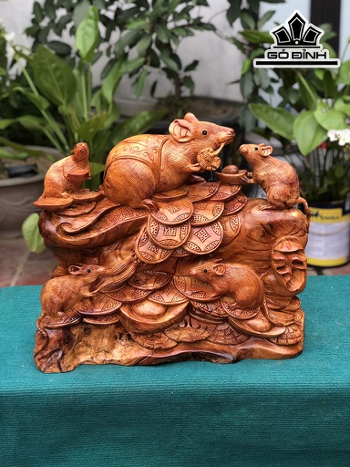 Tượng Gia Đình Chuột Gỗ Hương Cao 45 Ngang 54 Sâu 16 (cm)