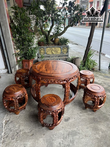 Bộ Bàn Trúc 6 Ghế Gỗ Cẩm Bàn Cao 70 Rộng 92 Đôn Cao 45 Mặt 30 Thân 40 (cm)