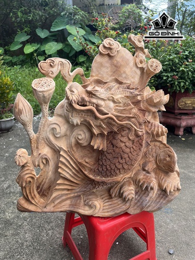 Tượng Cá Chép Hóa Rồng Gỗ Ngọc Am Cao 51 Ngang 51 Sâu 21 (cm)