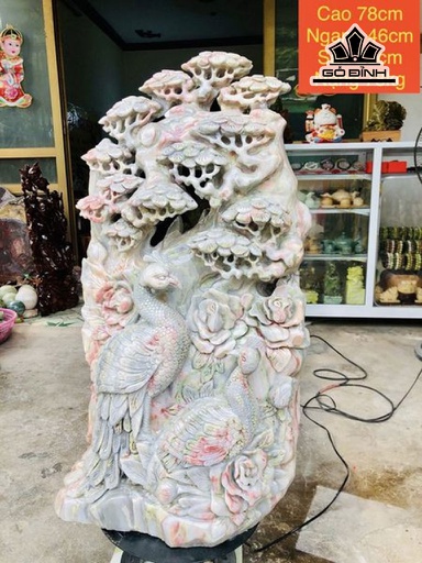 Tác Phẩm Chú Chim Bên Cây Tùng Đá Serpentine Đa Sắc Cao 78 Ngang 46 Sâu 25 (cm) 78kg