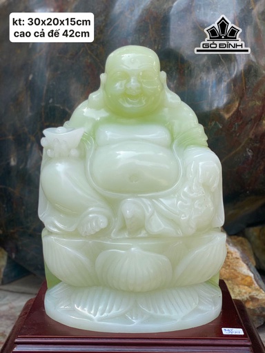 Phật Di Lặc Tọa Đài Sen Đá Onyx Xanh Cao 42 Ngang 20 Sâu 15 Riêng Đá Cao 30 (cm)