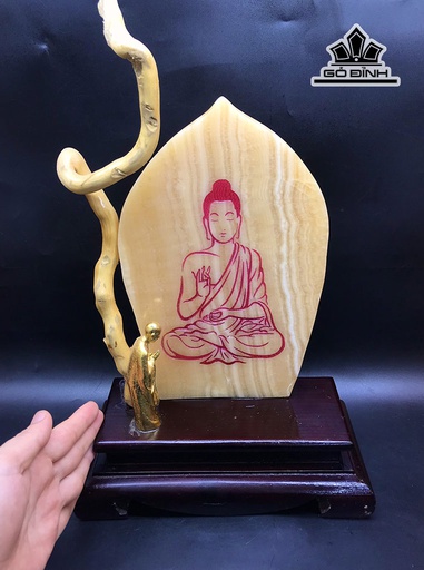 Tác Phẩm Đức Phật Đá Ngọc Hoàng Long Cao 32,5 Ngang 24 Sâu 12 Riêng Đá Cao 25 Ngang 16 Sâu 2,5 (cm)