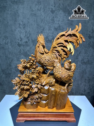 Tượng Gia Đình Gà Gỗ Hương Cao 79 Ngang 61 Sâu 25 (cm)