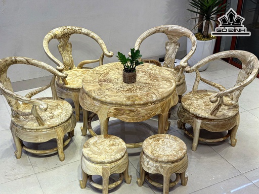 Bộ Bàn Ghế Móc Thúng Gỗ Nu Ngọc Nghiến Bàn Cao 66 ĐK 85 Đôn Nhỏ Cao 40 Đường Kính 34 - 4 Ghế Tựa Cao 40-86 Ngang 67 Sâu 54 (cm)