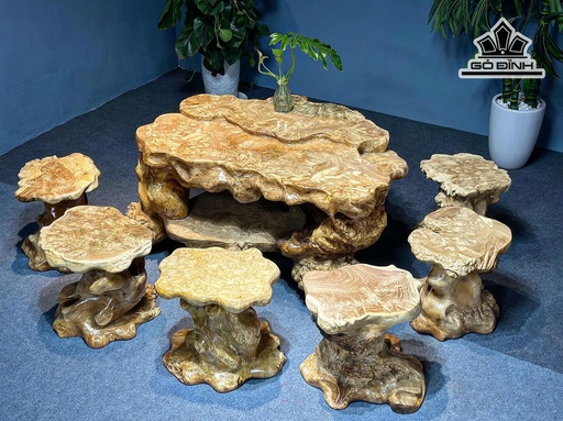 Bộ Bàn Trà Gốc Cây Gỗ Nu Ngọc Nghiến Cao 63 Ngang 118 Sâu 80 - Đôn Cao 40 Ngang 34x38 Sâu 35x40 (cm)