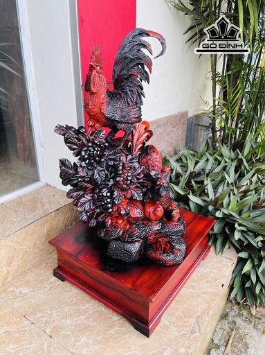 Tượng Gia Đình Gà Gỗ Trắc Cao 65 Cao Cả Kỷ 80 Ngang 42 Sâu 40 (cm)