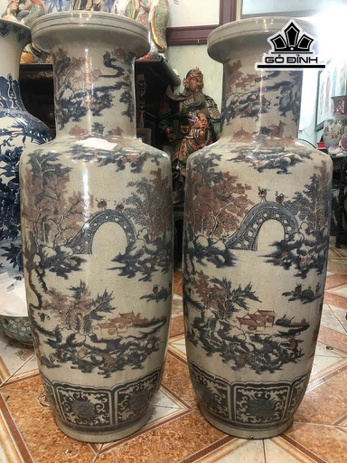 Đôi Bình Men Rạn Vẽ Sơn Thủy Cao 102 (cm)