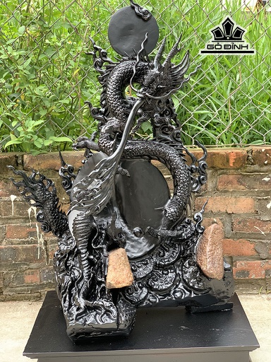 Tượng Rồng ( Nhất Long Vờn Nguyệt ) Gỗ Mun Sừng Cao Riêng Tượng 75 Cả Kỷ Cao 85 Ngang 55 Sâu 30 (cm)