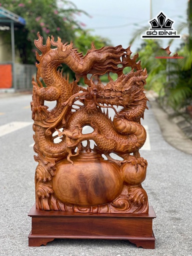 Tượng Nhất Long Trấn Chum Tiền Gỗ Ngọc Am Cao 83 Ngang 58 Sâu 15 (cm)