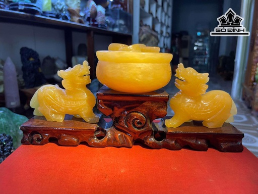 Cặp Tỳ Hưu Và Bát Tụ Bảo Đá Ngọc Hoàng long Cao 28 Ngang 12 (cm)