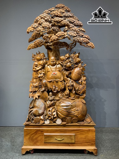Tượng Phật Di Lặc Ngũ Phúc Gỗ Bách Xanh Cao 215 Ngang 98 Sâu 52 (cm) Kỷ Cao 40