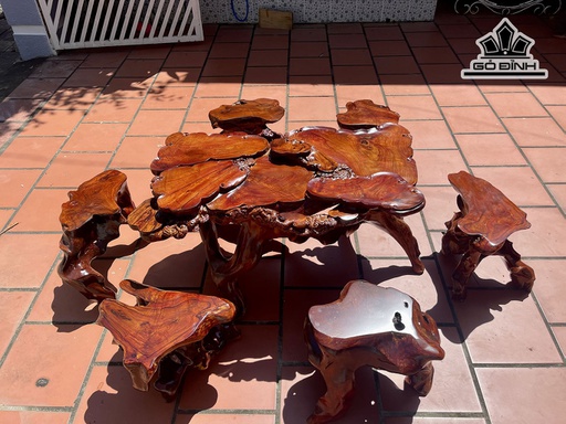 Bộ Bàn Trà Gỗ Cẩm - Bàn Dài 125 Rộng 80 Cao 67 - 6 Đôn 45x30 Cao 40 (cm)