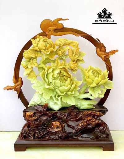 Tác Phẩm Hoa Mẫu Đơn Và Đôi Uyên Ương Đá Serpentine Cao 50 Ngang 36 (cm) 7kg Riêng Đá Cao 29 Ngang 34 (cm) 4kg