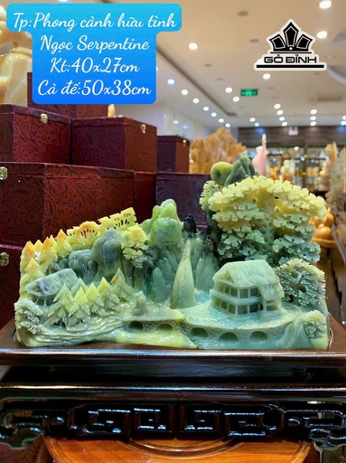 Tác Phẩm Phong Cảnh Hữu Tình Đá Serpentine Cao 40 Ngang 27 Cả Đế Cao 50 Ngang 38 (cm)