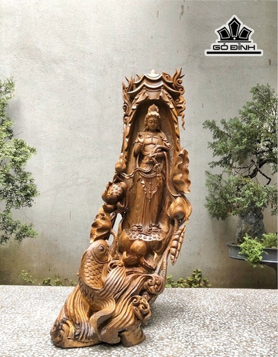 Tượng Phật Bà Quan Âm Gỗ Bách Xanh Cao 80 Ngang 36 Sâu 40 (cm)