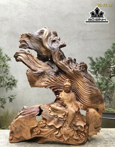 Tượng Phật Bà Quan Âm Gỗ Bách Xanh Cao 92 Ngang 72 Sâu 38 (cm)