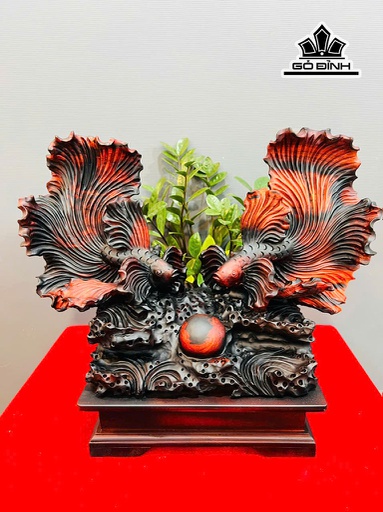 Tượng Cá Xiêm Đôi Gỗ Trắc Cao 48 Ngang 55 Sâu 24 (cm)