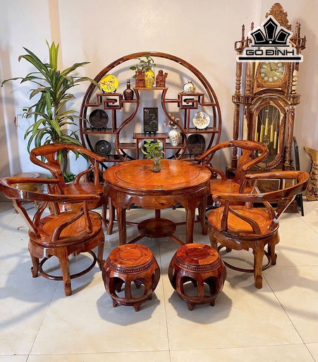 Bộ Ghế Minh Gỗ Hương Việt - Bàn Cao 70 Mặt Bàn Rộng 97 - Ghế Cao 85 Mặt Ghế Tròn 55 - 2 Đôn Cao 34 Mặt Đôn 28 (cm)