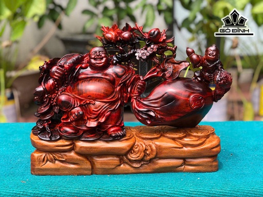 Tượng Phật Di Lặc Kéo Bao Tiền Gỗ Trắc Cao 29 Ngang 38 Sâu 11 (cm) - Đế Gỗ Ngọc Am