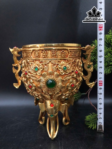 Lư Đồng Vàng Đính Đá Ngang 16 (cm)