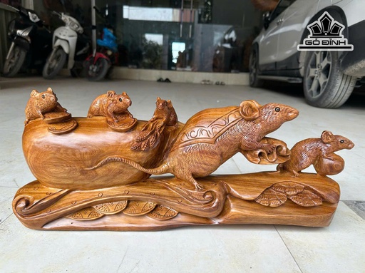 Tượng Gia Đình Chuột Gỗ Ngọc Am Cao 23 Ngang 58 Sâu 13 (cm)