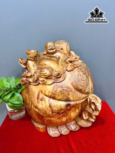 Tượng Phật Di Lặc Ngự Bao Tiền Gỗ Nu Hương Cao 44 Ngang 42 Sâu 22 (cm)