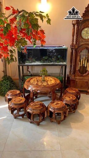 Bộ Đôn Trống 7 Món Gỗ Cẩm - Bàn Cao 62 Mặt Bàn Rộng 76 - Ghế Cao 34 - Đường Kính Mặt Ghế Rộng 28 (cm)