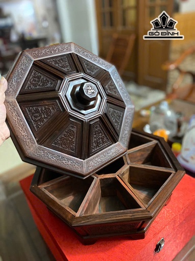 Khay Bánh Kẹo 9 Ngăn Gỗ Trắc Cao 20 Đường Kính 37 (cm)