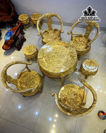 Bộ Ghế 7 Món Gỗ Nu Nghiến Bàn Cao 66 Đường Kính 85 - Đôn Cao 40 Đường Kính 34 - Ghế Tựa Cao 40-86 Ngang 67 Sâu 54 (cm)
