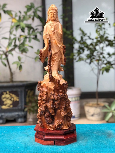 Tượng Phật Bà Quan Âm Gỗ Nu Dổi Cao 61 Ngang 18 Sâu 18 (cm)