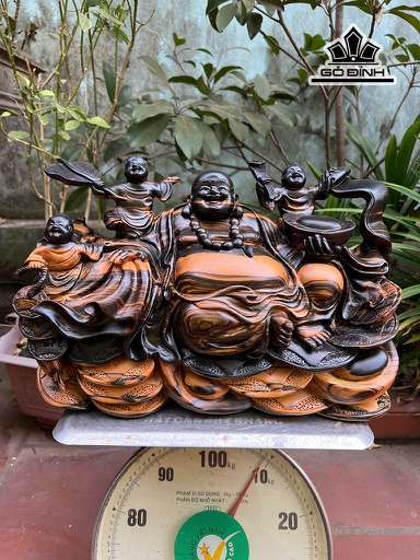 Tượng Phật Di Lặc Tam Phúc Gỗ Mun Hoa Cao 26 Ngang 40 Sâu 15 (cm) - Cả Kỷ Cao 36