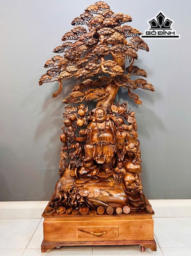 Tượng Phật Di Lặc Ngũ Phúc Gỗ Bách Xanh Cao 220 Ngang 115 Sâu 52 (cm)