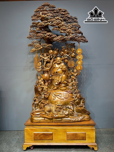 Tượng Phật Di Lặc Ngũ Phúc Gỗ Bách Xanh Cao Cả Kỷ 252 - Riêng Kỷ Cao 40 Ngang 113 Sâu 68 (cm)