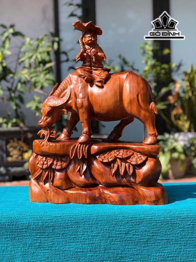 Tượng Tiểu Đồng Cưỡi Trâu Gỗ Ngọc Am Cao 54 Ngang 42 Sâu 23 (cm)