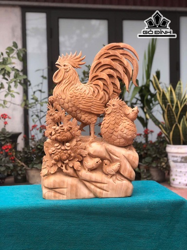 Tượng Gia Đình Gà Gỗ Ngọc Am Cao 69 Ngang 45 Sâu 23 (cm)