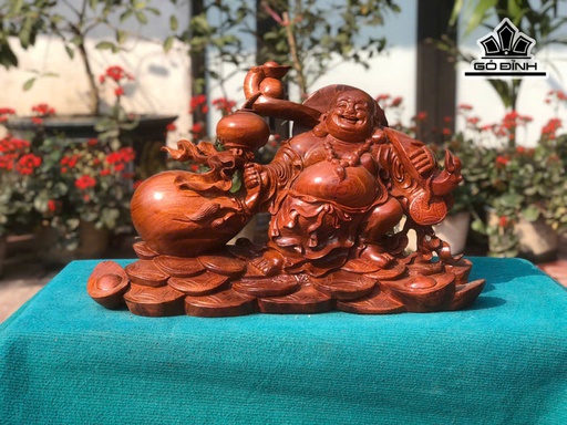 Tượng Phật Di Lặc Kéo Bao Tiền Gỗ Hương Cao 36 Ngang 60 Sâu 20 (cm)