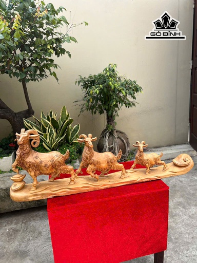 Tượng Gia Đình Dê Gỗ Ngọc Am Cao 35 Ngang 100 Sâu 12 (cm)