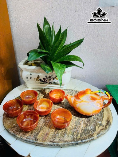 Bộ Bình Ly Đá Mã Não Ấm 14x7x9 (cm) Ly Chén 5,5 (cm) - Khay Gỗ Hóa Thạch 33x24 (cm)